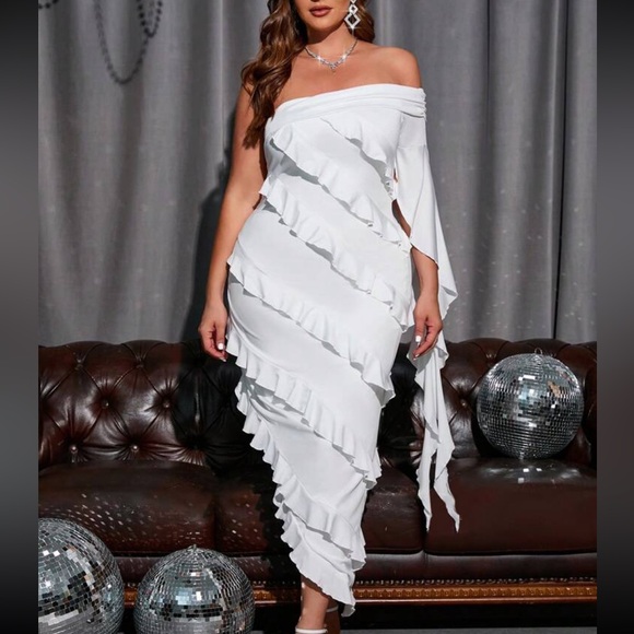 NWT SHEIN Privé Plus One Shoulder Layered Ruffle Trim Asymmetrical Hem Dress - Picture 3 of 5